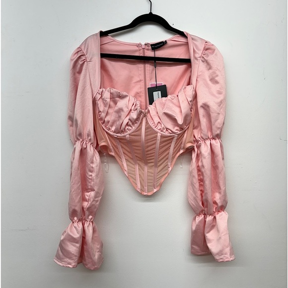 PLT Pink Babydoll Corset Long Sleeve Satin Top - Picture 1 of 7